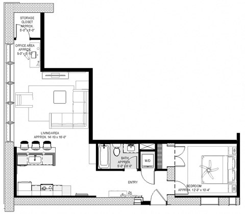 Floor plan for 1 bed, 1 bath, 887 sqft